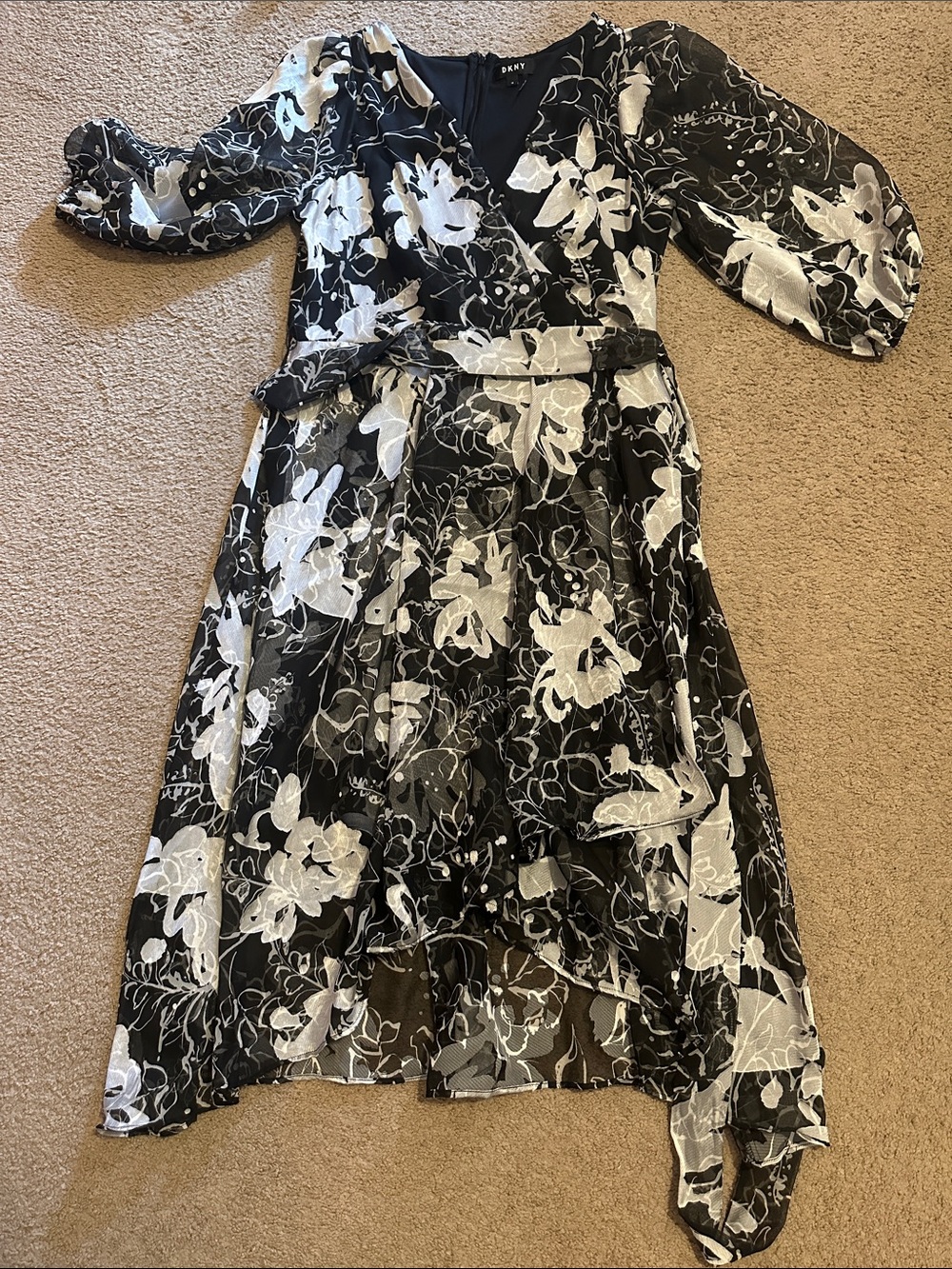 DKNY Black and White Floral Wrap Dress with Sheer Overlay